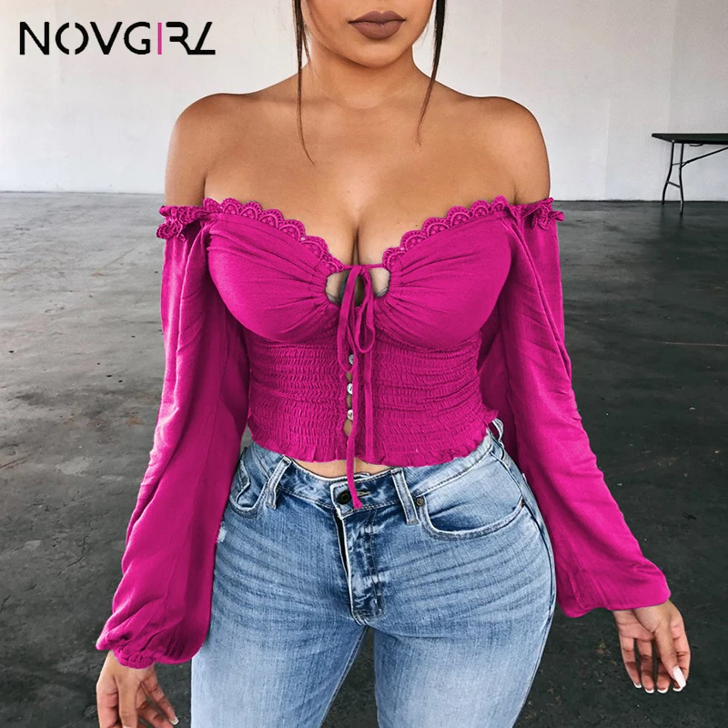 Novgirl, сексуальные женские футболки на шнуровке с открытыми плечами, осень, v-образный вырез, длинный рукав-фонарик, кружевные топы, Повседневная Уличная футболка - Цвет: rose red