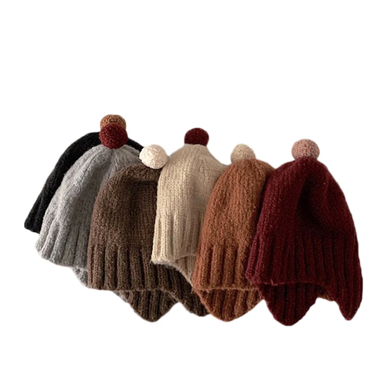 

Baby Hat For Girls Baby Warm Hood Woolen Cap Pure Color Ball Kids Beanie Children's Ear Protection Knitted Hat