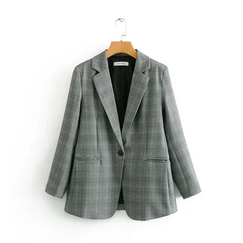 

VomVoa 2020 spring new handsome check pattern structure one buckle wild casual retro suit female 27392