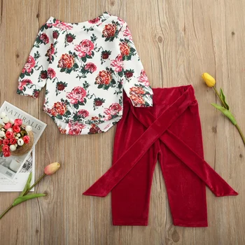 

Smartbabyme Baby's Set Two Piece Girls Full Body Floral Long Sleeved Bodysuit Solid Color Trousers