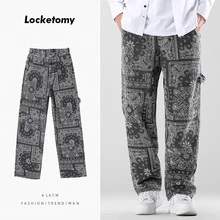 

Men's Jeans American Loose Straight-leg Pants Trendy Brand Plus Size Cashew Flower Black Casual Printed Trousers Мужские джинсы