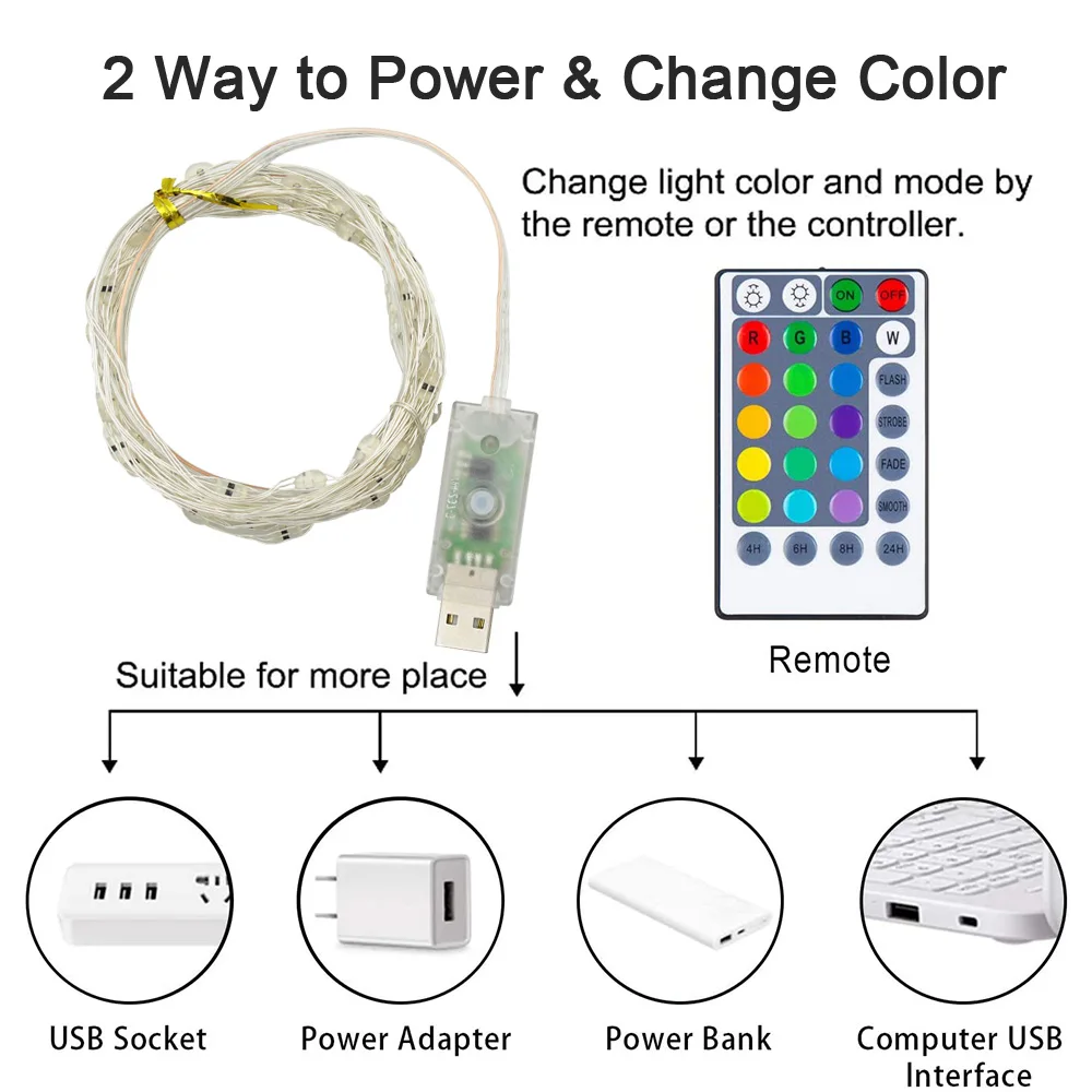 5M 10M 20M RGB LED 문자열 빛 16 색상 크리스마스 휴일 장식에 대 한 원격 제어와 USB 갈 랜드 요정 램프 변경