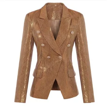 

New Fashion Fall Winter 2018 Designer Blazer Women's Lion Metal Buttons Double Breasted Blazer Jacket Outer Coat Gold