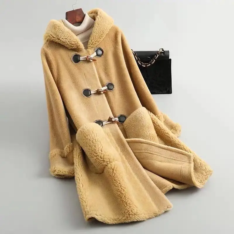 yellow Зимние женские пальто, тонкое пальто из овечьей шерсти, женские длинные шерстяные композитные меховые шубы с капюшоном, меховая куртка для девочек, кашемировое пальто MX923 - Цвет: yellow