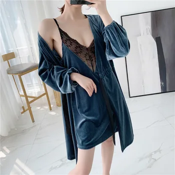 

Solid Colour Women Twinset Robe Set Full Sleeve 2pcs Nightgown Kimono Bathrobe Gown Lady Velour Sleepwear Intimate Lingerie