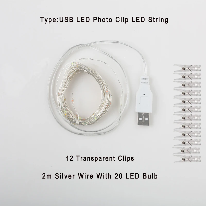 USB 2M 20LED 2 м/5 м/10 м гирлянда с зажимом для фото светодиодная Usb наружная гирлянда на батарейках с прищепками для украшения дома гирлянды - Цвет: USB 2M 20LED