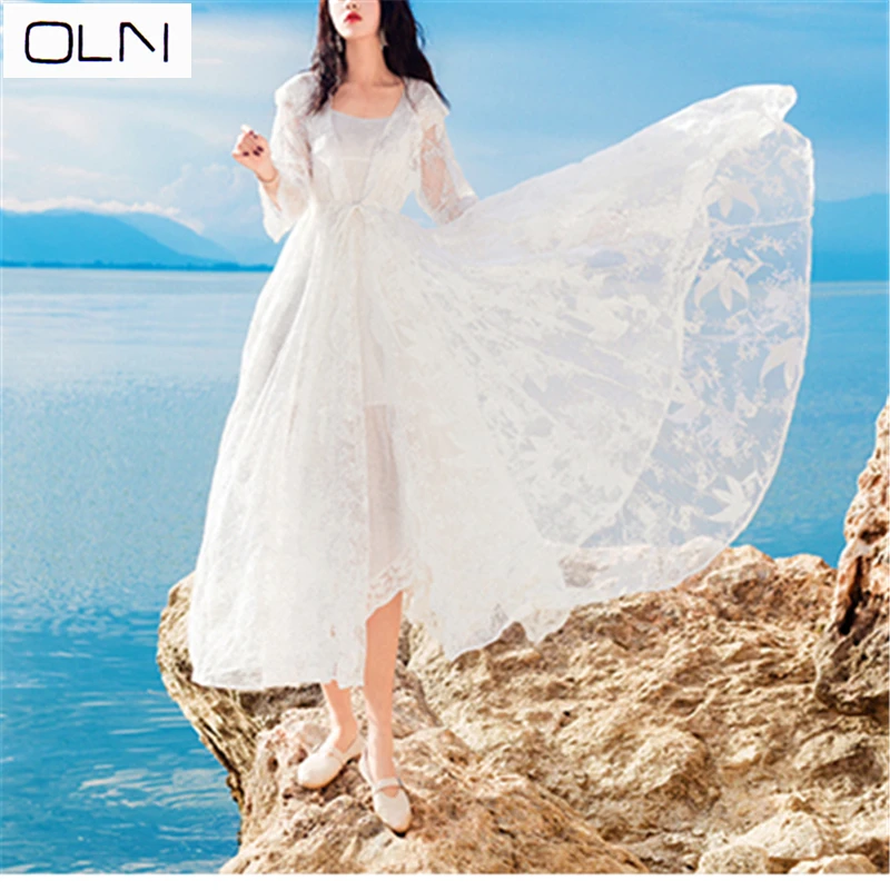 Летнее платье в Корейском стиле; Новое поступление; vestidos; ; кружевное платье с вышивкой в виде кленового листа; свободный пояс; жакет+ кружевное платье на бретельках; Fema