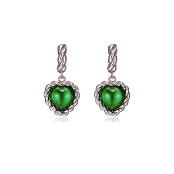 

French Retro Twist Green Stone Love Earrings wu er dong Ear Clip Earrings Female