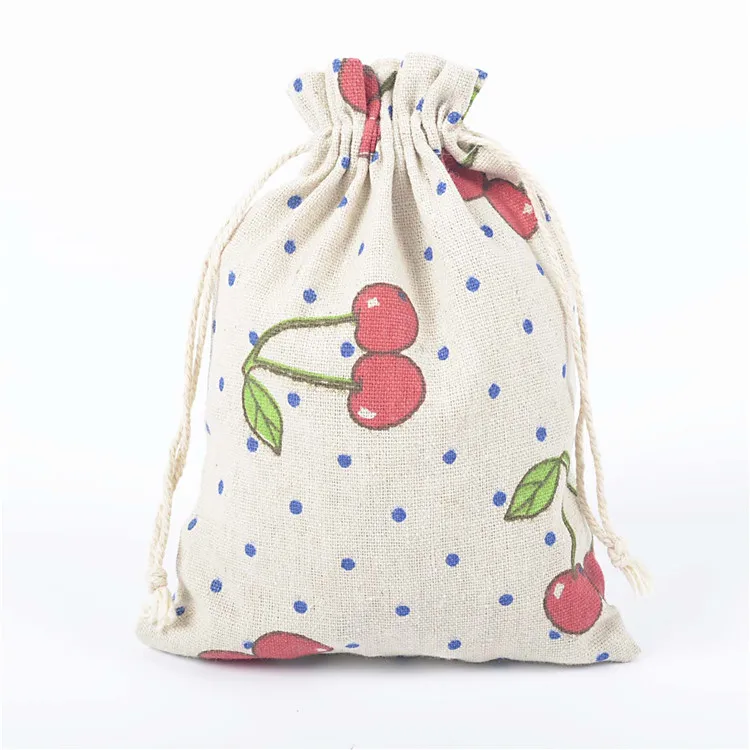 Large cherry 10 шт., 10*14 см, с принтом, хлопок, лен, пачка, карман, с рисунком, на шнурке, сумка из мешковины, для конфет, ювелирных изделий, орехов, печенья, вечерние сумки, сувениры - Цвет: Large cherry