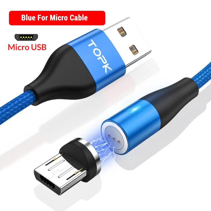 Micro Cable Blue TOPK 1 м 2 м Быстрый Магнитный кабель для передачи данных Micro USB кабель type C зарядное устройство для samsung Xiaomi Магнитный кабель для iPhone Android - Цвет: Micro Cable Blue