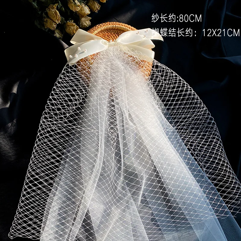 Bow Veil Wedding Trip Shoot Photo White Satin Mesh Barrettes Bridal Hair Accessories