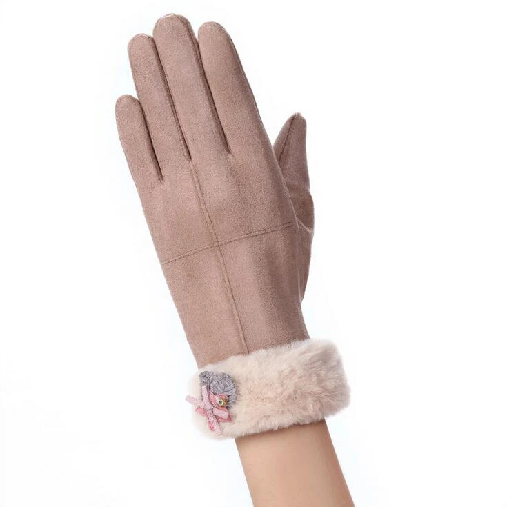 Новые зимние теплые женские перчатки кружевные кашемировые милые варежки с медведем двойные толстые плюшевые митенки сенсорный экран для женщин перчатки для вождения - Цвет: 082A-khaki