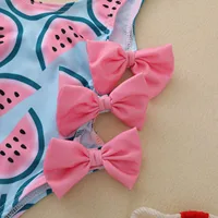 Newborn One-piece Swimsuit, Baby Girl Watermelon Print U-shaped Neck Swimwear with Bowknot 0-4T 4