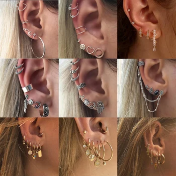 

WELBACK 2020 New Chain Gold Earrings For Woman Trendy Geometric Map Circle Moon Star Pendant Stud Earrings Set Female Jewelry