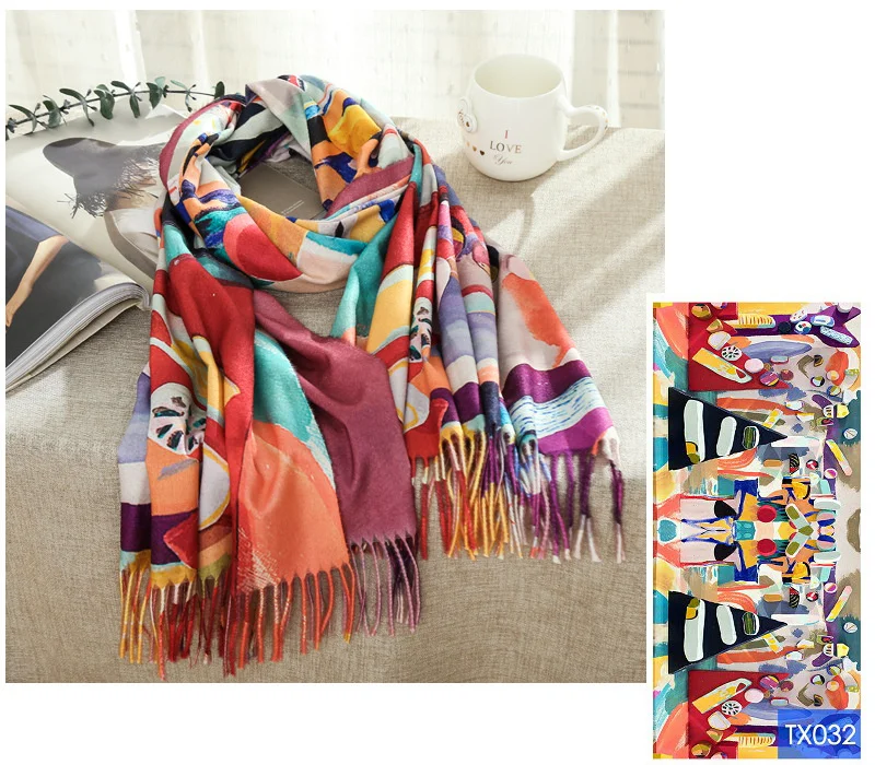 Модный кашемировый шарф с объемной масляной росписью, женские зимние теплые шарфы с кисточками и рисунком Ван Гога, дизайнерские роскошные длинные шарфы с принтом, шаль - Цвет: TX032 Geometric
