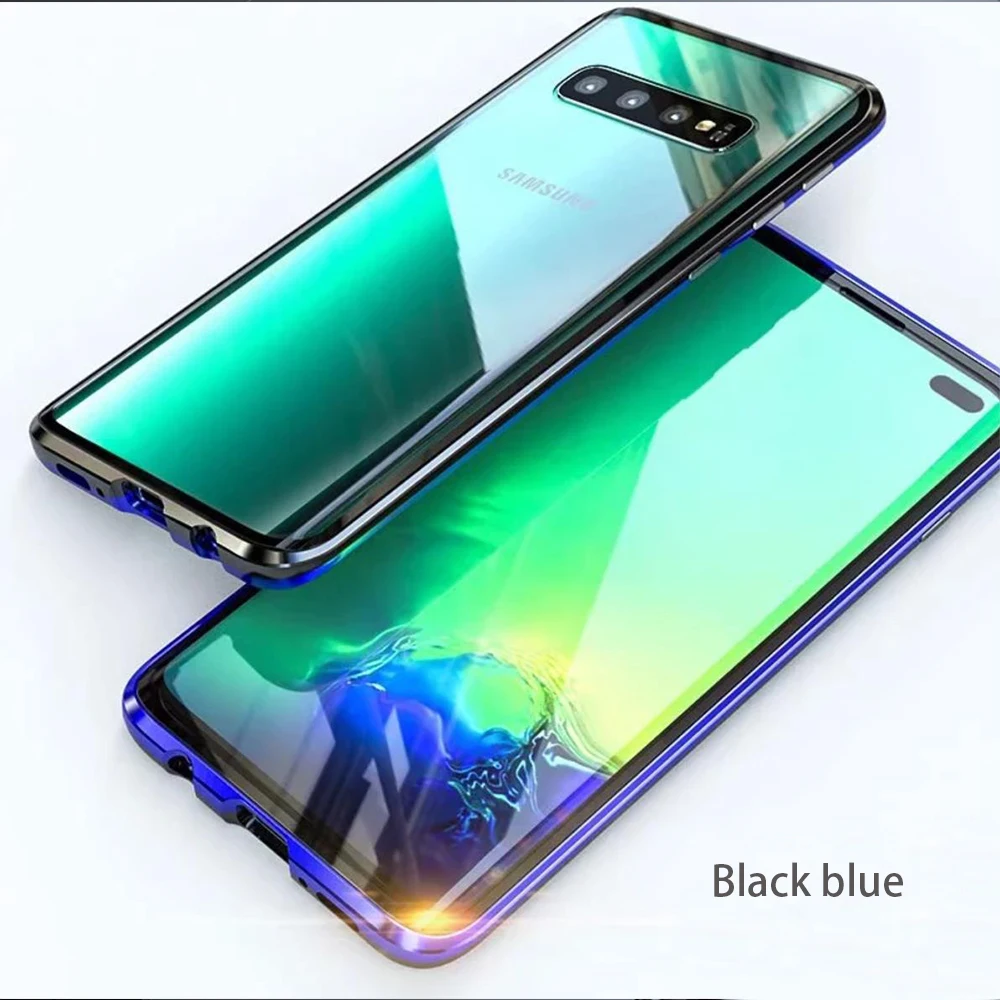 Black blue 360 полный защитный чехол для samsung Galaxy S8 S9 S10 Plus S10e Note 8 9 Магнитный двусторонний стеклянный металлический адсорбционный чехол - Цвет: Black blue