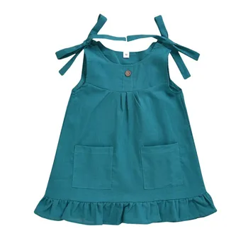 

Fashion Girls Dress Summer Thin Loose Cool Casual Drawstring Princess Dress Solid Color Sleeveless Strap Backless Dresses Green