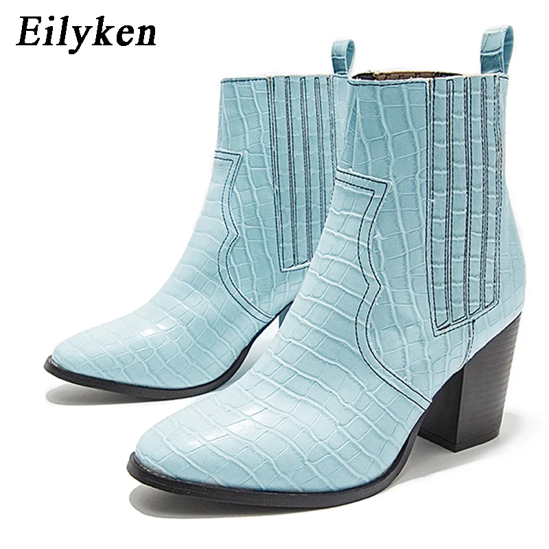 EilyKen/ковбойские ботинки в байкерском стиле из искусственной кожи; ковбойские ботинки на высоком каблуке; женские ботильоны; Размеры 35-43 - Цвет: Blue