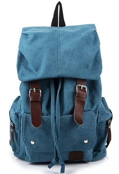 

Washed Canvas Unisex String Backpack Flap Cover Design with Leather Strap and Buckles Slouch Bag