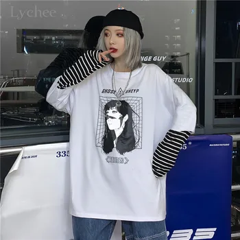 

Lychee Harajuku Letter Girl Print Women T Shirt Tee Stripe Fake 2 Pieces Female Pullovers Tops Loose Spring Lady T Shirts Tees