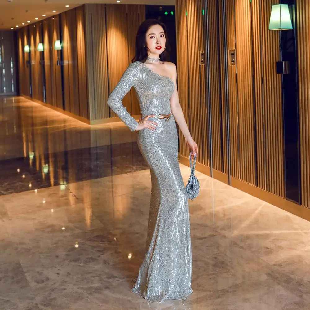 

Sexy Summer Women Sequins Party Dress One Shoulder Sliver Gold For Wedding Formal Party Dating Mermaid Gown