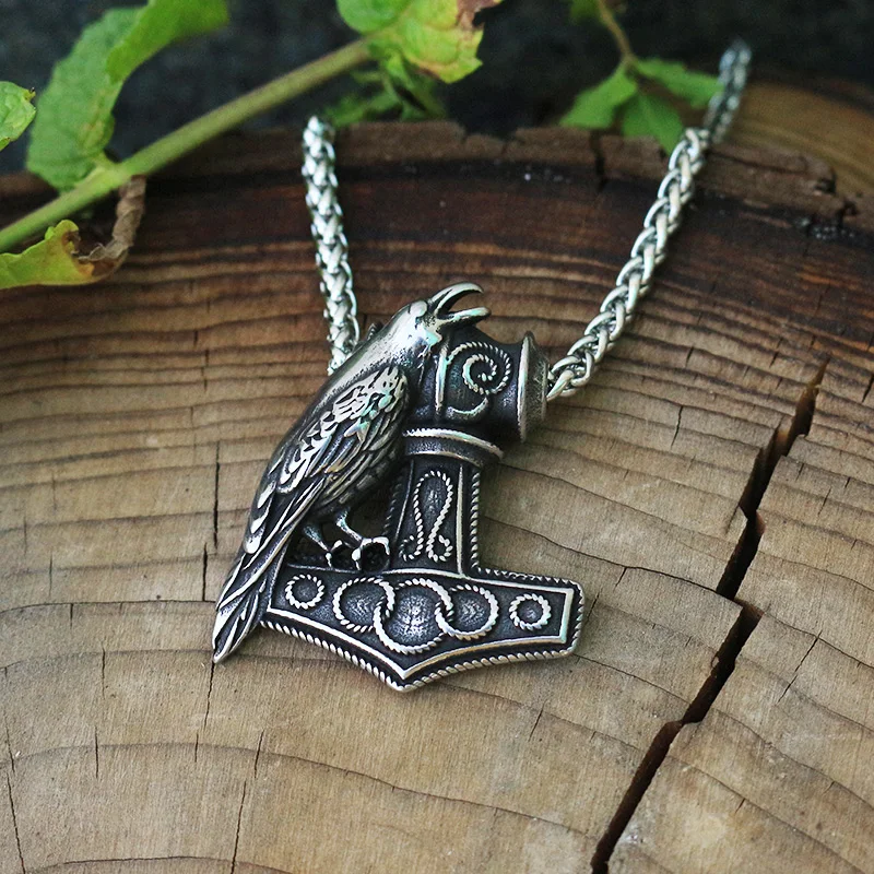 

10pcs men stainless steel viking raven pendant Nordic Pagan men necklace Raven's Mjolnir hammer