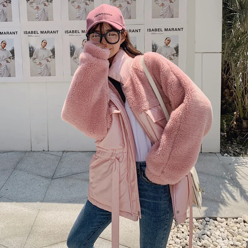 

Photo Shoot Winter New Style ke li rong Joint down Jacket Women's Korean-style Loose-Fit Lace-up Waist Hugging Stand Collar Netw