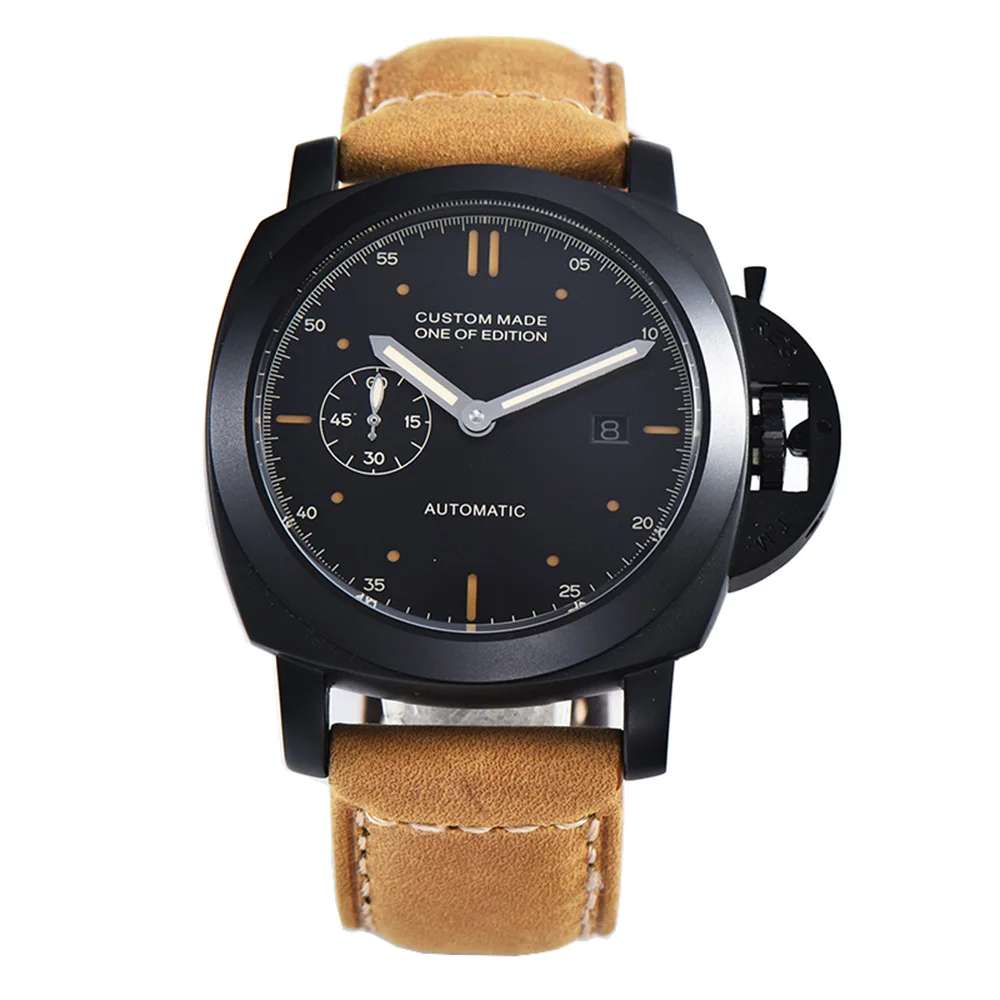 

44MM Watch Men Stainless Steel Case Automatic Movement Luminous Waterproof Date Watch Men's Clock Military Leather Strap