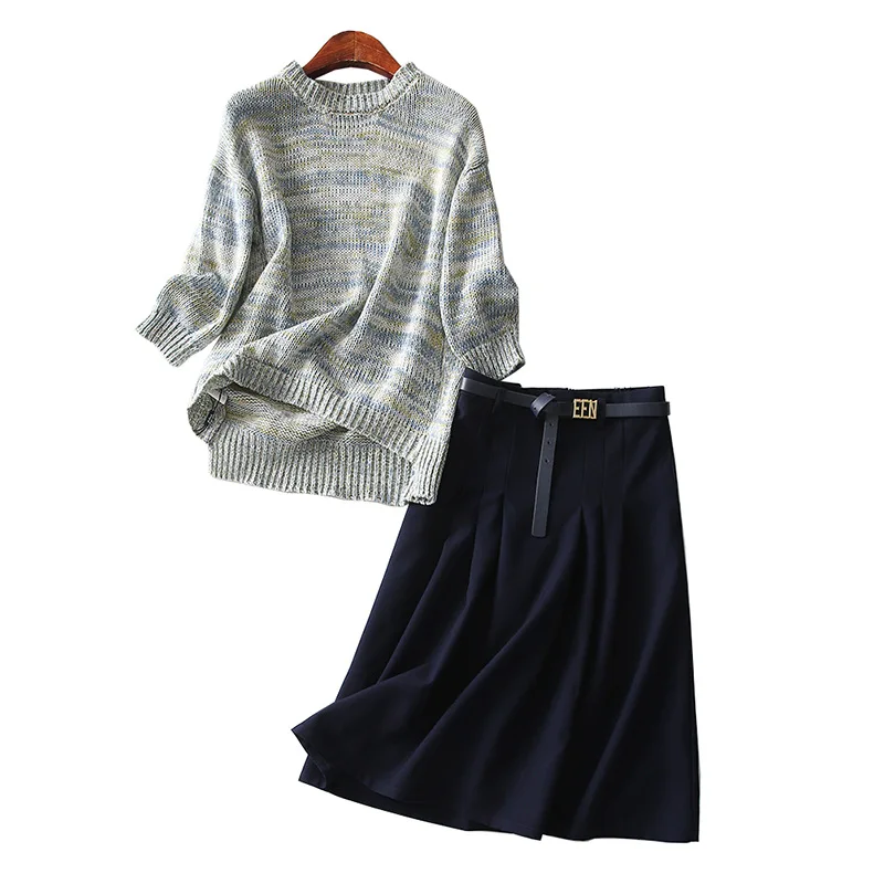 

A Generation of Color Mixture Crew Neck Sweater High-waisted A- line Skirt Two-Piece Women's Entity