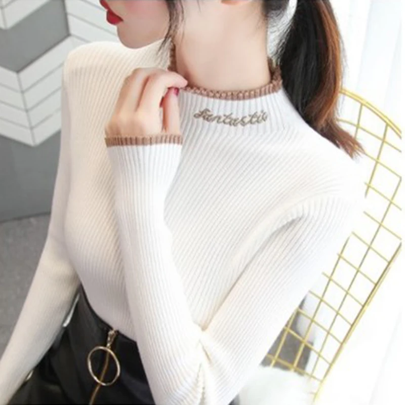 Осень-зима, Модный женский свитер, высокий эластичный Однотонный свитер с высоким воротом, женский тонкий свитер с буквенным принтом, облегающий вязаный пуловер - Цвет: Белый
