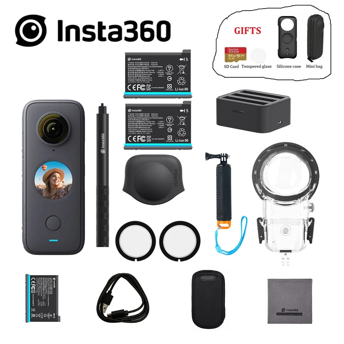 Камера Insta360 One X2 5 7 K и 4K 360 водонепроницаемая Спортивная камера Insta 10 м с