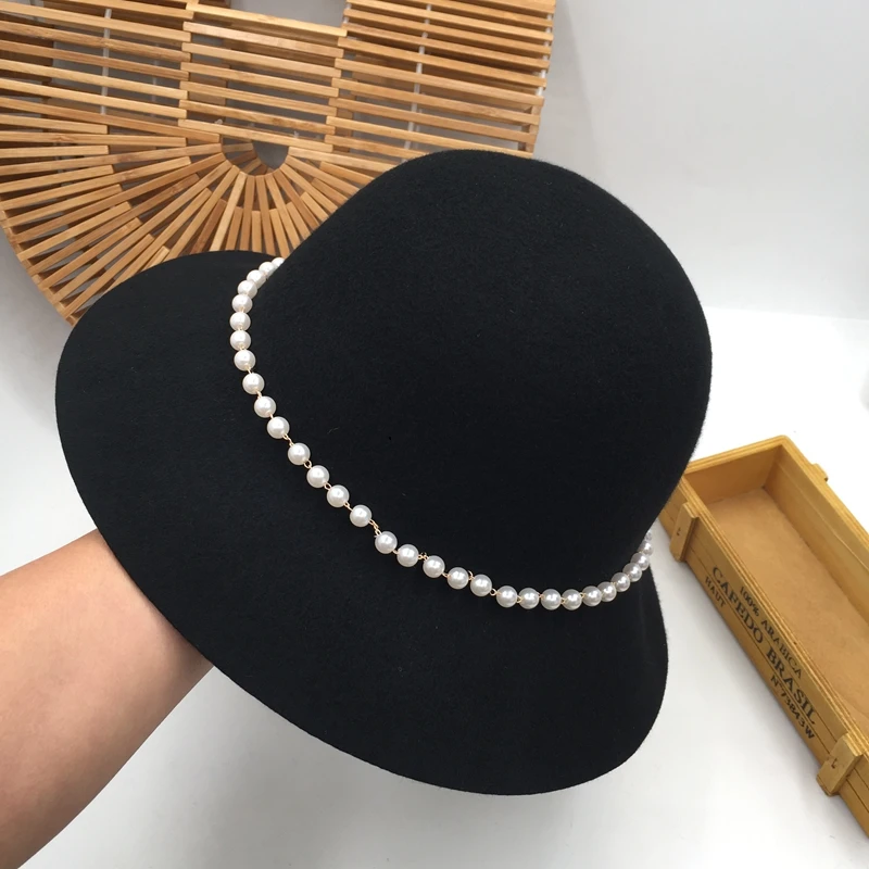 Small sweet wind restoring ancient ways about pearl chain wool fisherman hat female celebrities fashion elegant British han edit