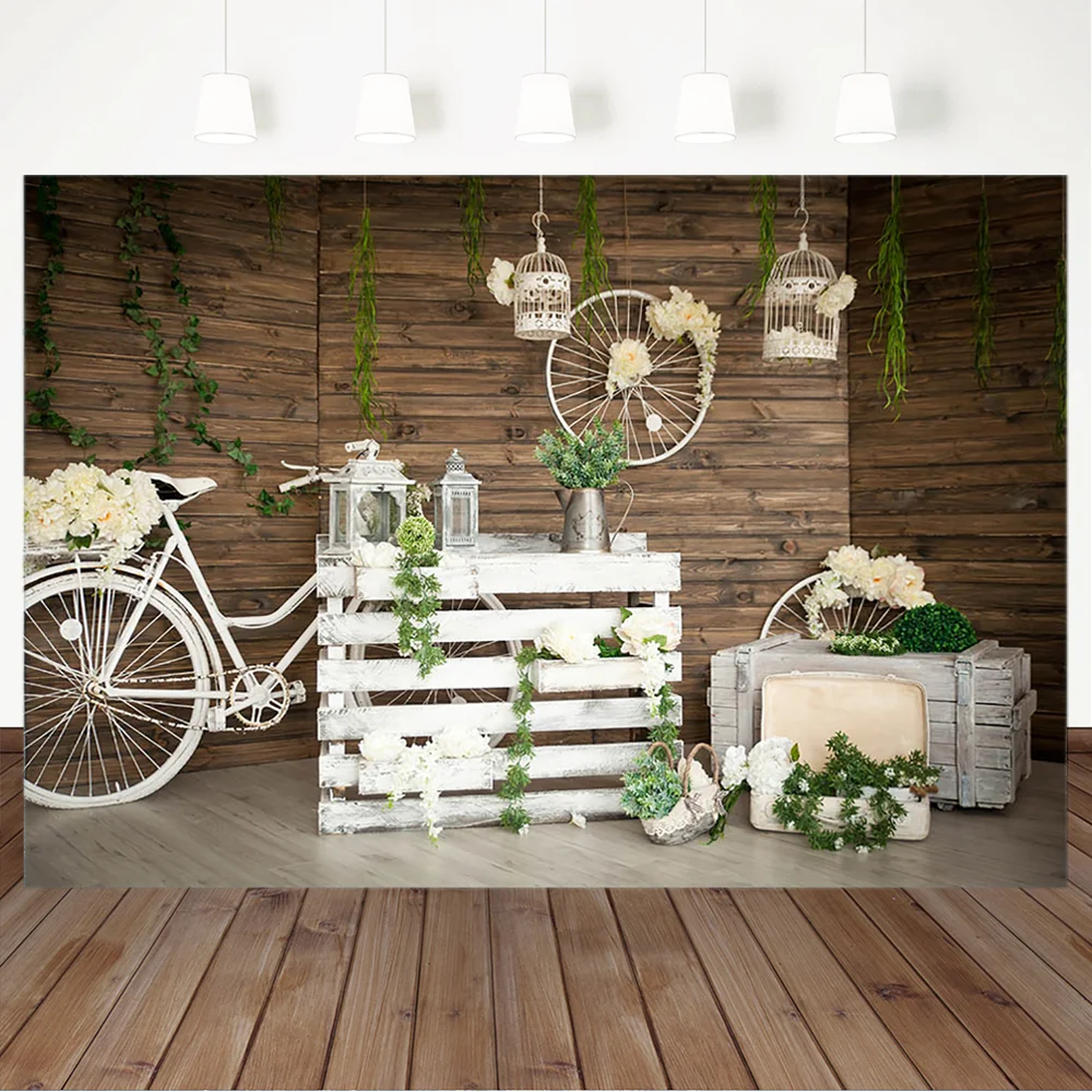 

White Bicycle Wreath Backdrop Wooden Floor Wedding Bridal Shower Photography Background Newborn Backgrounds for Photo Studio