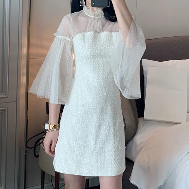 HIGH STREET New Stylish 2020 Runway Dress Women's Flare Sleeve Gauze Patchwrk Tweed | Женская одежда