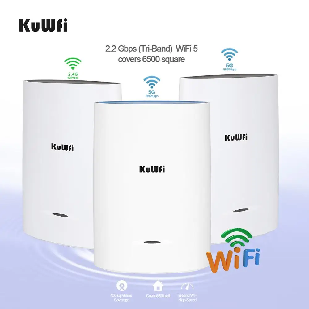 PROD 4001205157782 KuWFi 3-pack Tri-band Whole Home Mesh WiFi System
with AC2200 speed Gigabit mesh WiFi5 Router&Extender covers up to 6500
sq.ft PROD 4001205157782 KuWFi 3-pack Tri-band Whole Home Mesh WiFi System
with AC2200 speed Gigabit mesh WiFi5 Router&Extender covers up to 6500
sq.ft