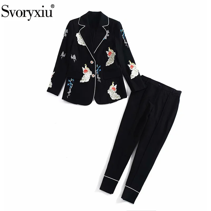 Svoryxiu Fashion Designer Autumn Winter Office Blazer Two Piece Set Women's High Quality Embroidery Trousers Twinset
