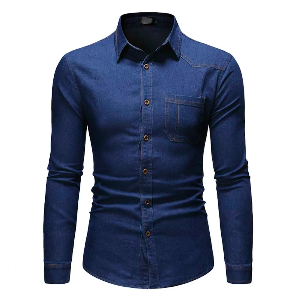 Осень Для мужчин рубашка Повседневное Slim Fit блуза в клетку, Панель на пуговицах, с отложным воротником Для мужчин платье из джинсовой ткани Футболка Топ, рубашка Hombre