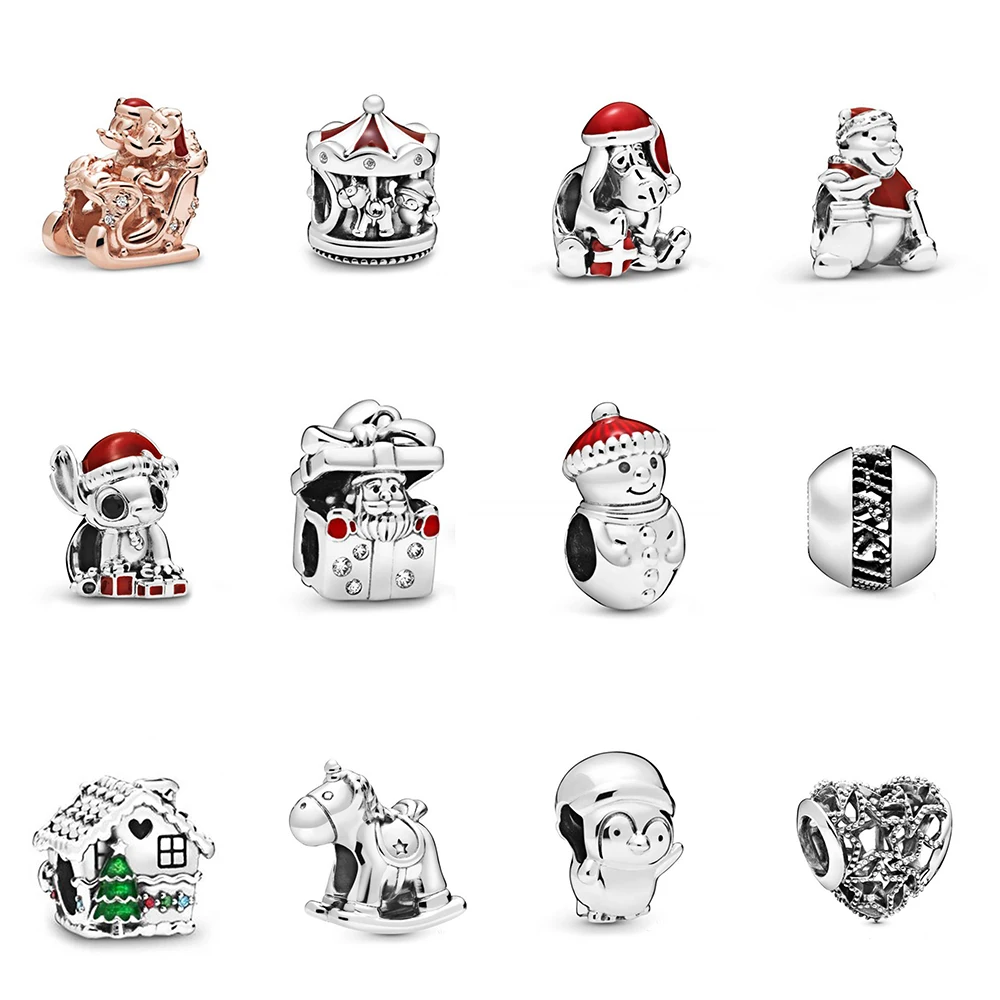 

2019 Winter 925 Silver DISNE MI Mouse Christmas Snowman and Santa Hat Carousel Little Penguin Charm DIY Beaded Accessories
