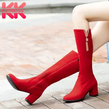

KemeKiss Big Size 32-48 Knee High Boots Women Fashion Zipper High Heels Winter Warm Fur Boots Metal Fringes Casual Footwear