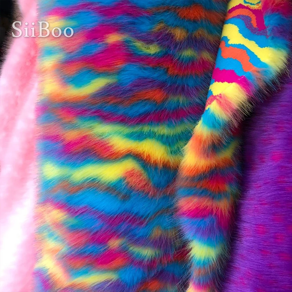 

Siiboo 3cm pile colorful rainbow thick faux fox fur fabric 180*50cm for coat scarf carpet DIY fourrure tecido SP6168