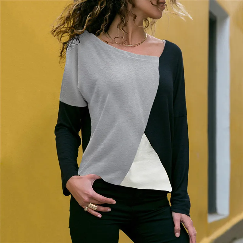 MJARTORIA 2020 Women Sweater Pullover Patchwork Long Sleeve Shirt Women Casual Top Tee Shirt Sexy V-Neck Female Shirt Blusa