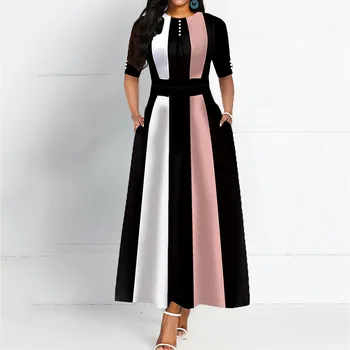 

Vintage A Line Women Maxi Dress Spring Summer Female Office Lady Workwear 2020 African Femme Vestido Retro Stripe Robe Plus Size