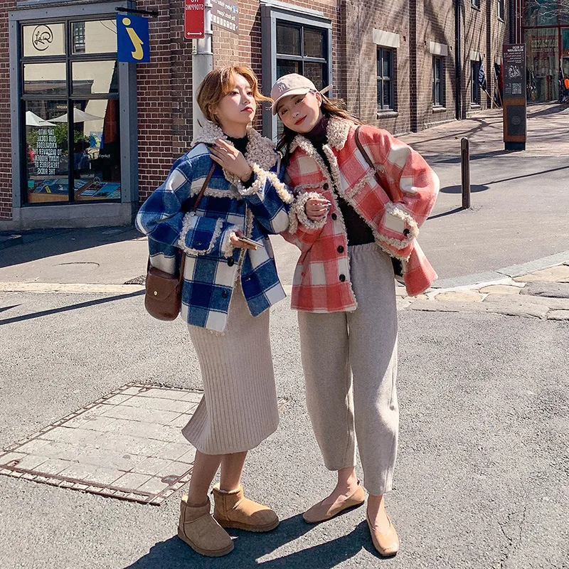 

Lambs Wool Coat Women's 2019 Winter Korean-style Loose Retro Hong Kong Flavor Versatile Thick Plaid Warm Cotton-padded Clothes C