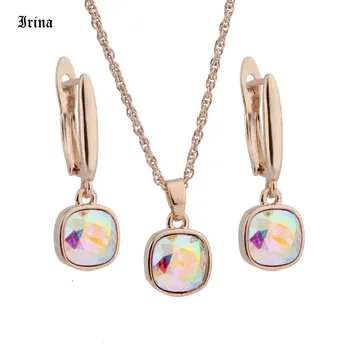 

New Russian style Small Square Design Color crystal 585 Rose Gold Earrings And Pendant jewellery set Gift For Women's jewelry