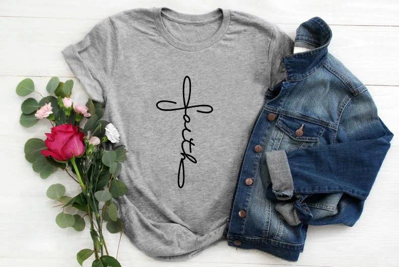 gray tee black text Крест вера футболка для христианина Hipster Религия церковь Иисус футболка со слоганом Графический эстетическое Библии вера Lover гранж Топы И Футболки - Цвет: gray tee black text