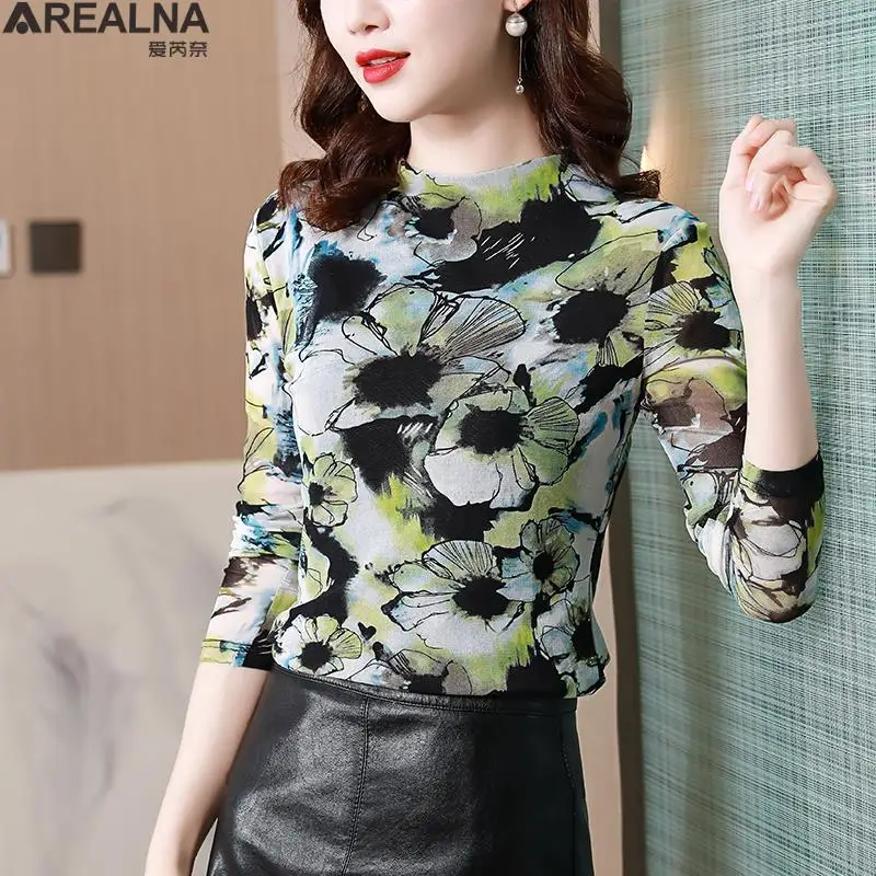 

Transparent Half Turtleneck Blouse Women Oversized Sheer Shirt Long Sleeve Floral Wrap Tops Female Mesh Clothes Blusas Y Camisas