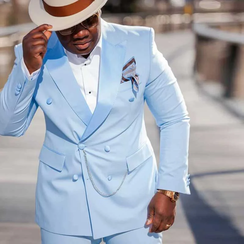 Light Blue Slim Fit Men Suits with Double Breasted Peaked Lapel Groom Tuxedos for Wedding Prom 2 Piece Male Fashion Jacket Pant