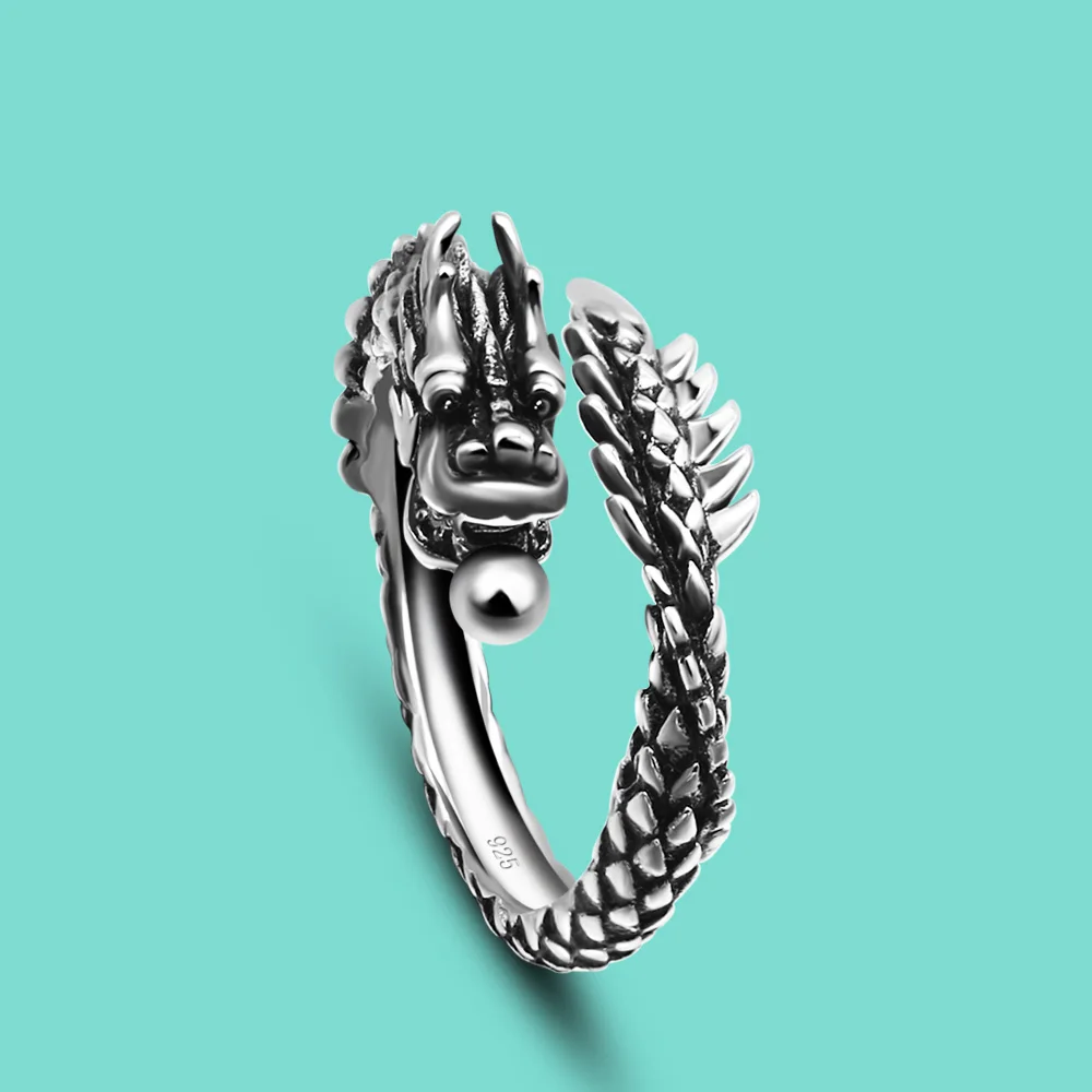 

Classic Punk Style Vintage Design Original 925 Silver Rings For Men Chinese Dragon Jewelry Ring Sport Party Charm Rings Gift