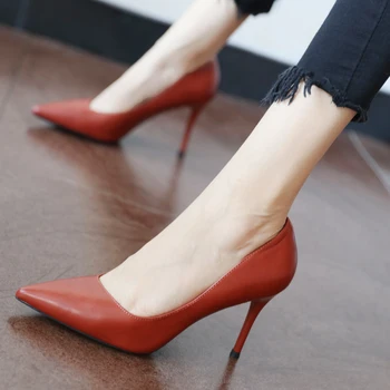 

New Pointed Toe Leather Women Pumps Fashion Office Shoes Women Sexy High Heels Shoes Thin Heel Women 's Wedding Shoes