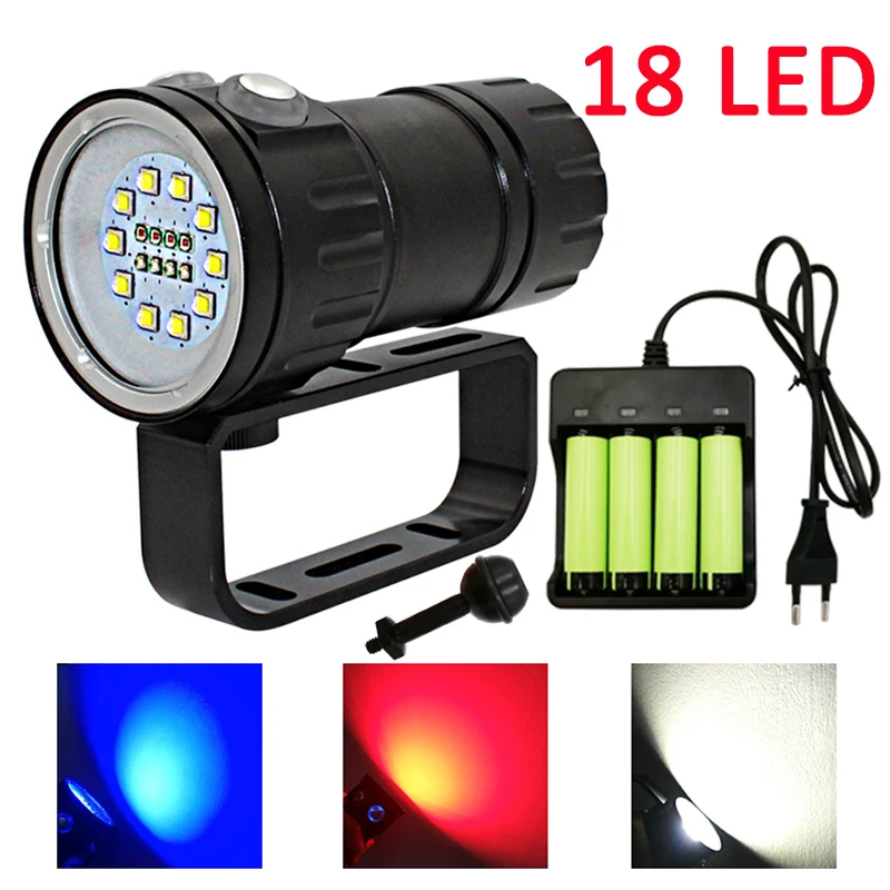 Underwater Led Photography Video Diving Flashlight 10x Xml2 White +4x Xpe Red +4x Xpe Blue